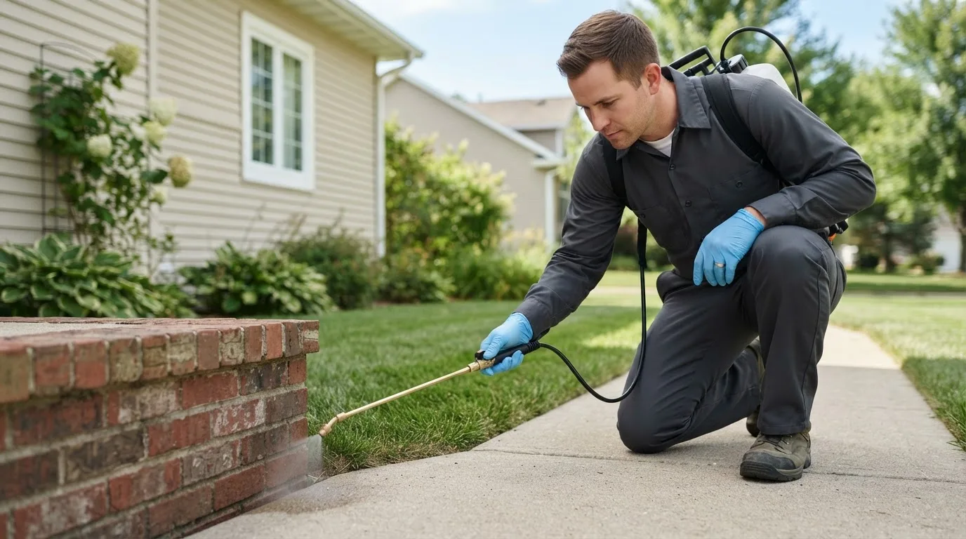 Pest control technician treating a home near Lamberton, MN